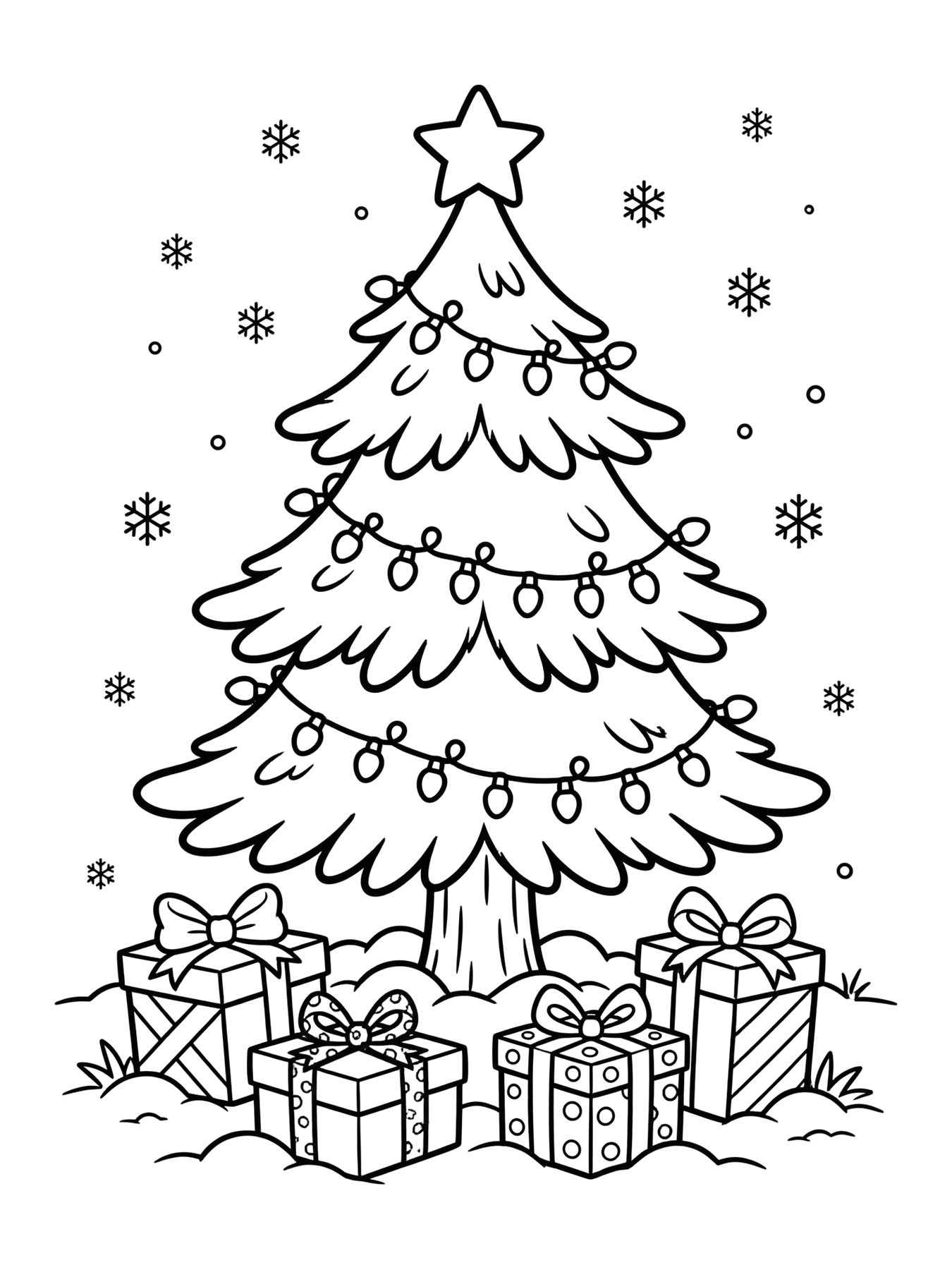 Desenho de pinheiro com luzes e presentes para colorir