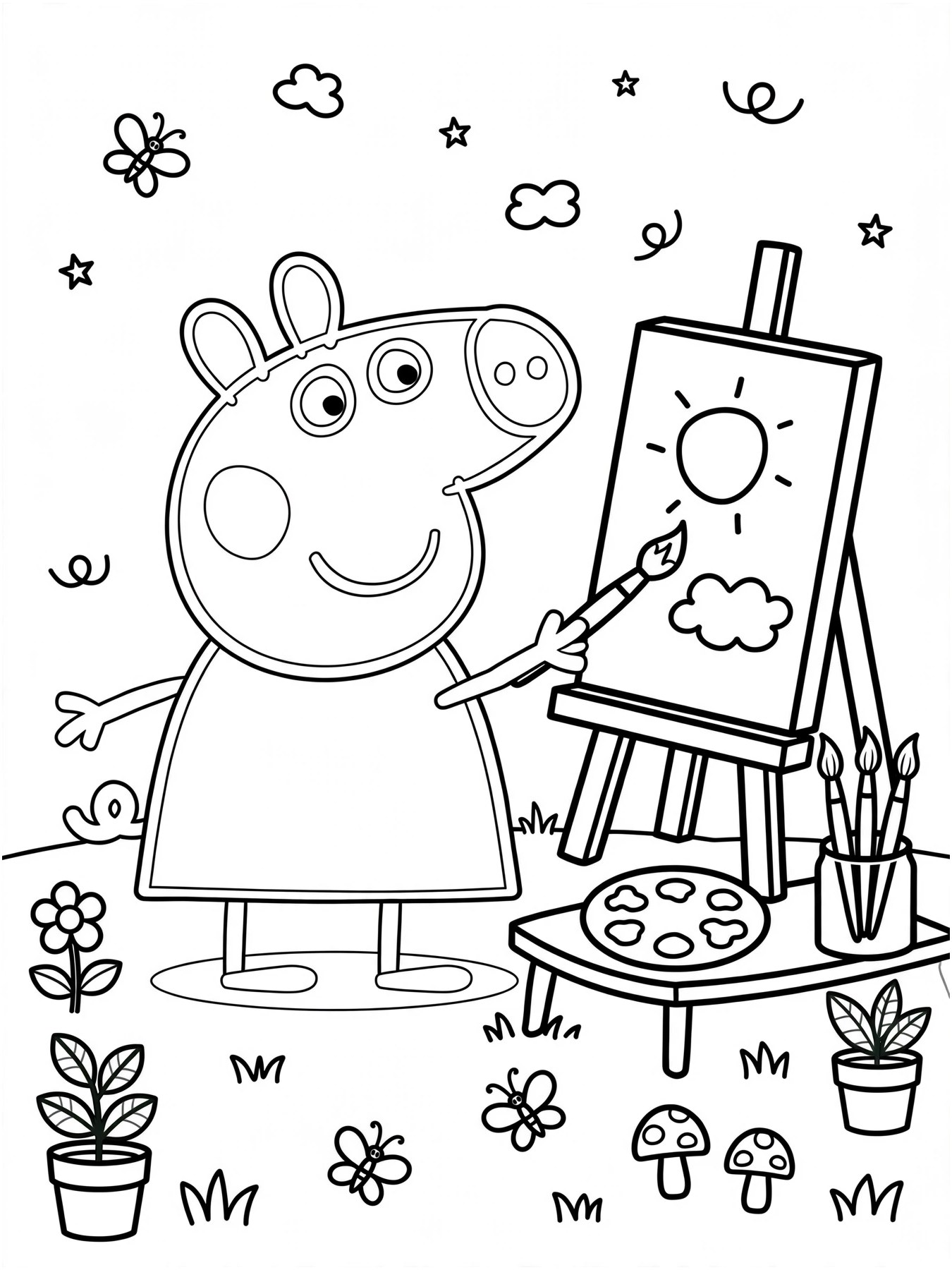 Desenho de Peppa Pig pintando para colorir