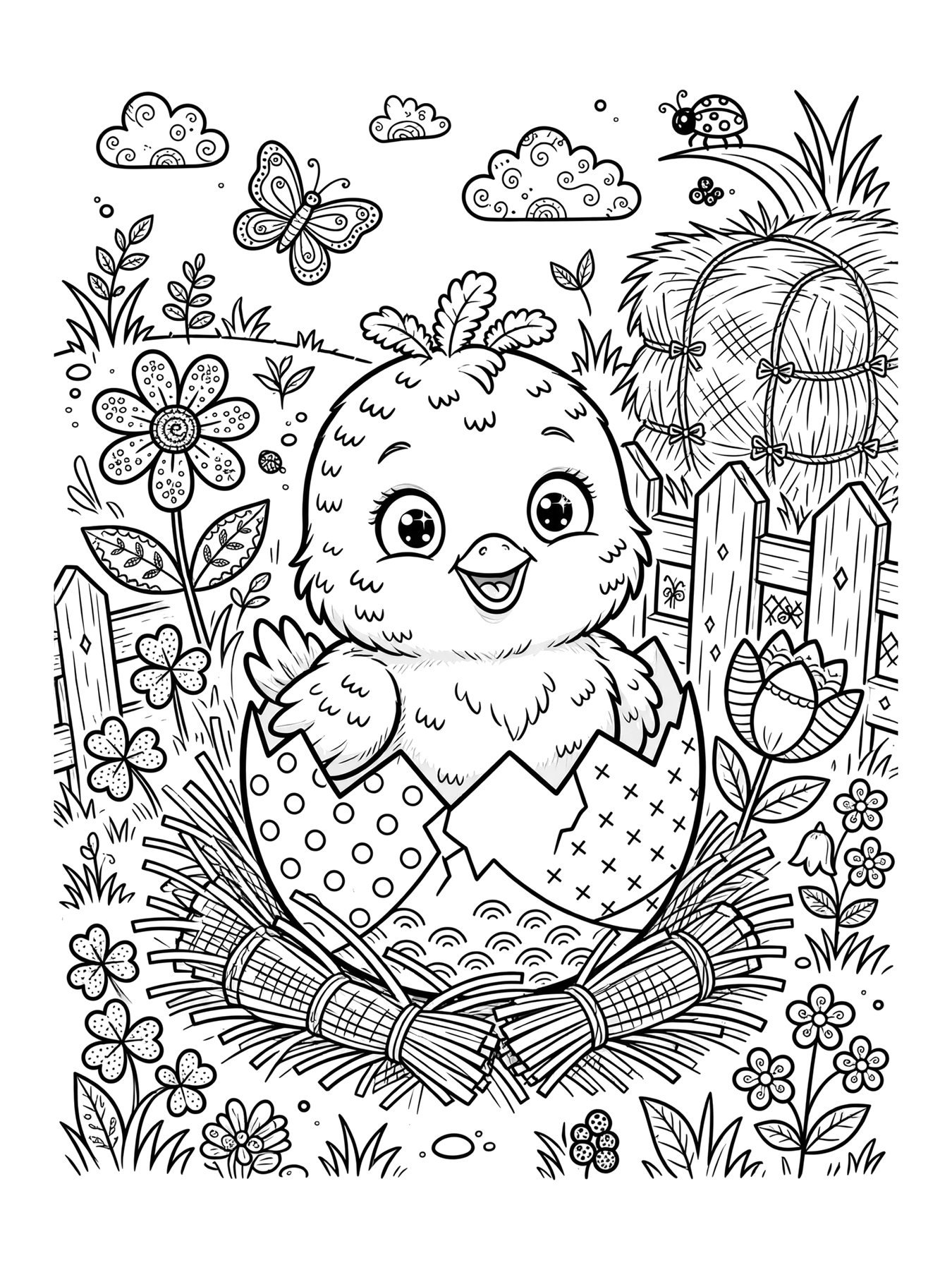 Desenho de pintinho saindo do ovo para colorir