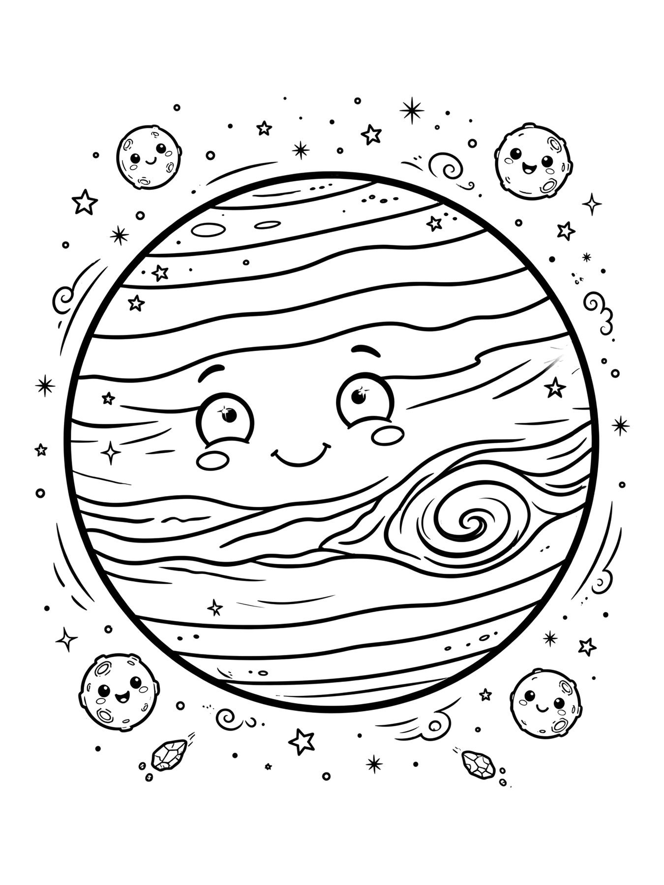 Desenho de planeta Júpiter com faixas e a grande mancha para colorir
