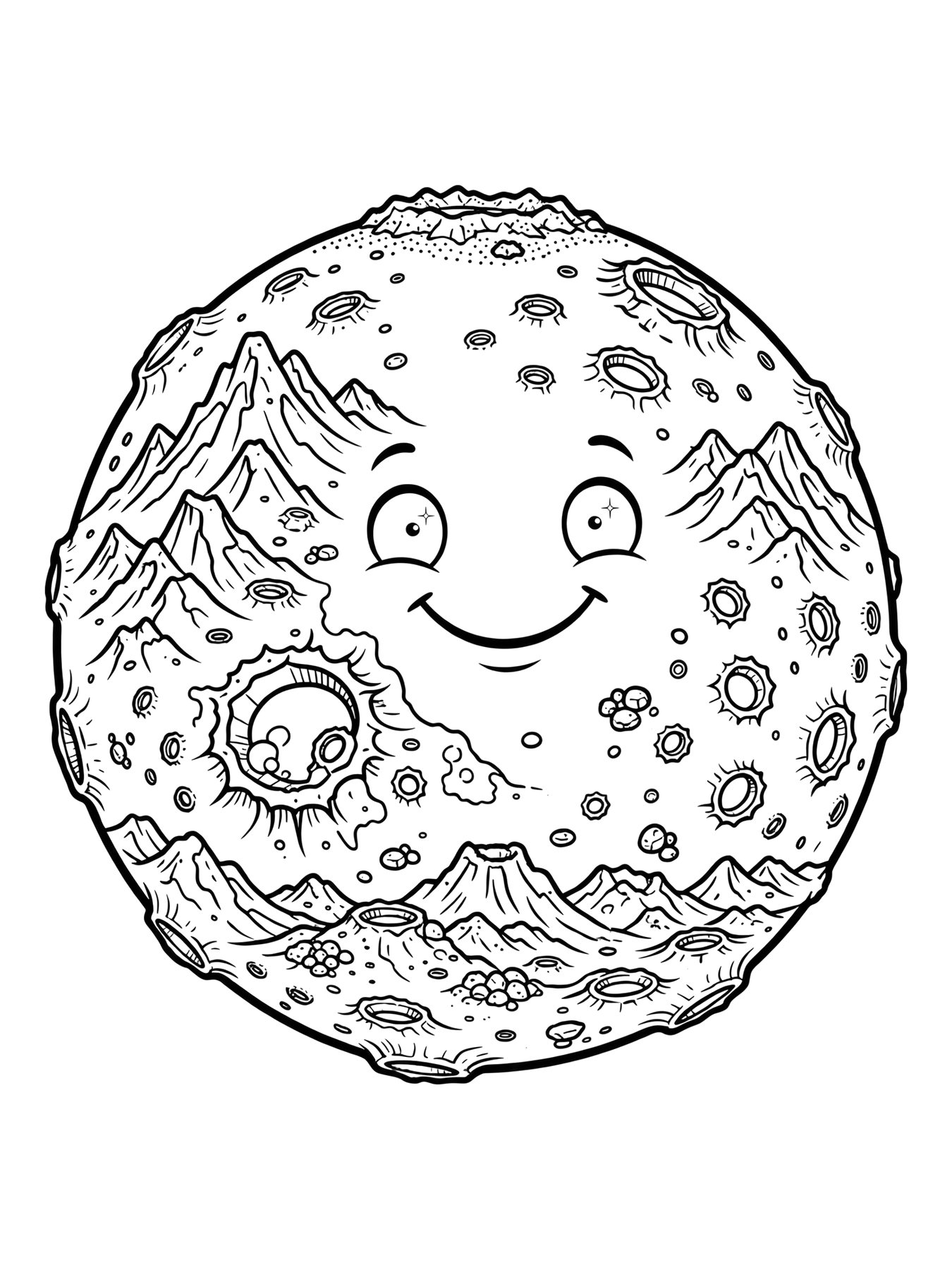 Desenho de planeta Marte com crateras e montanhas para colorir
