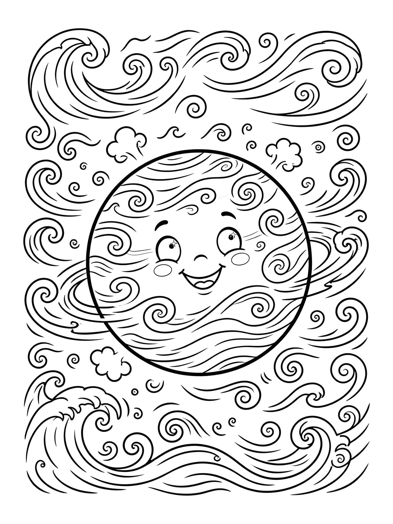 Desenho de planeta Netuno com ondas de vento para colorir