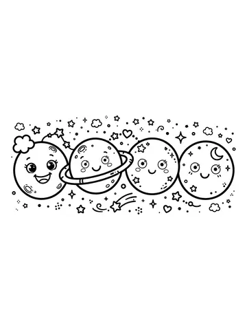 Desenho de planetas fofos sorrindo em fila para colorir