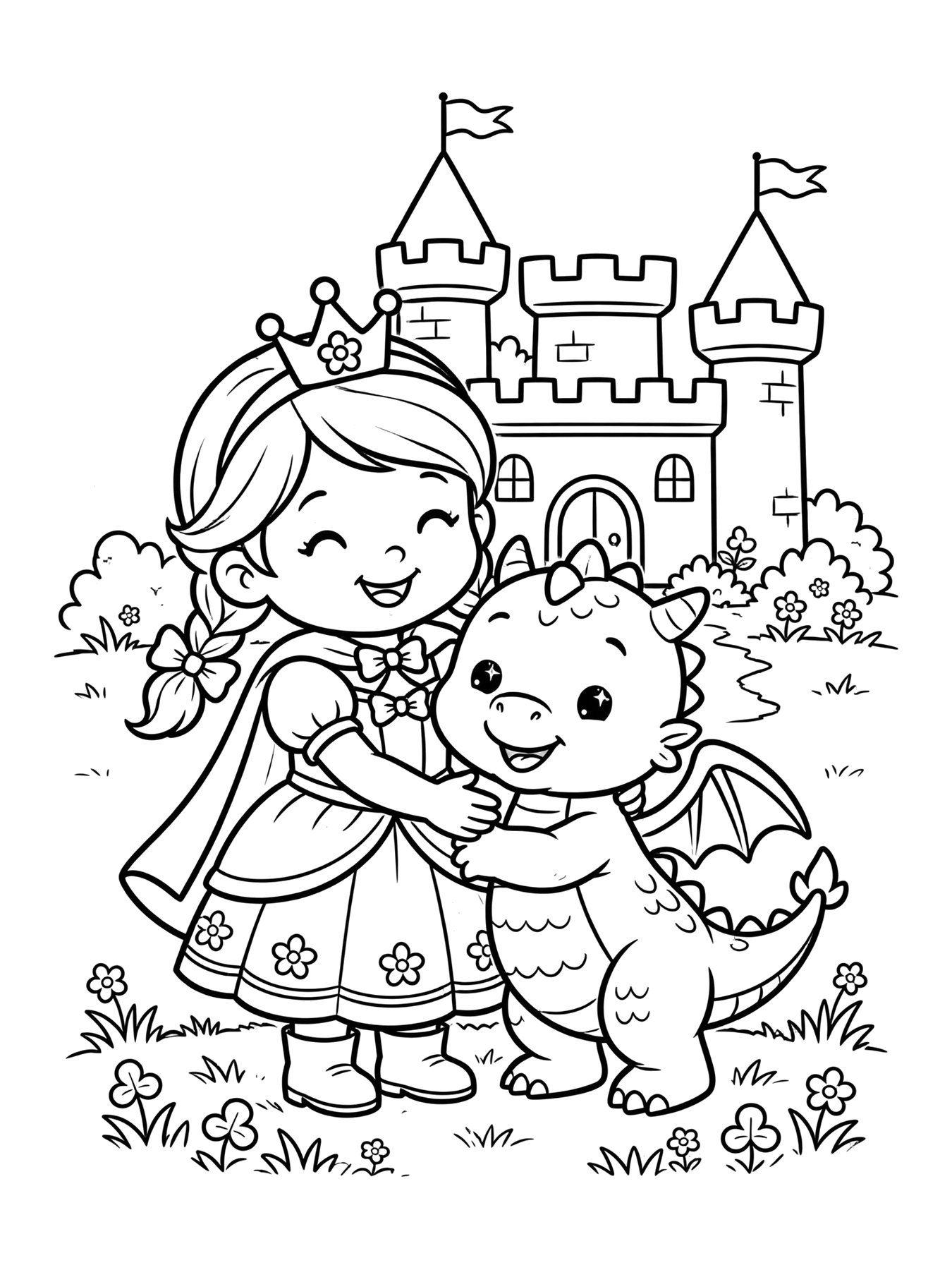 Desenho de princesa com dragão fofo amigo para colorir