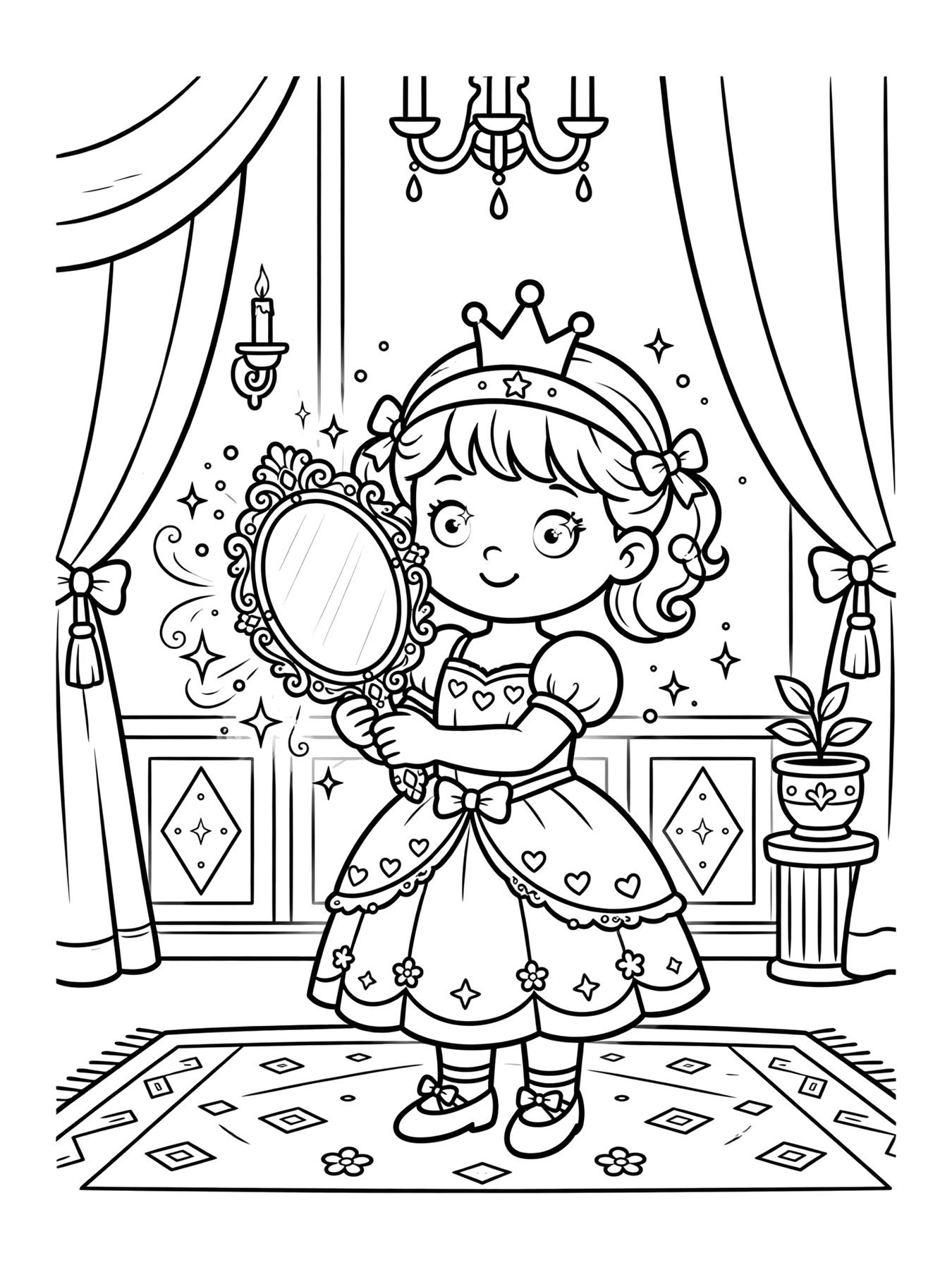 Desenho de princesa com espelho mágico para colorir