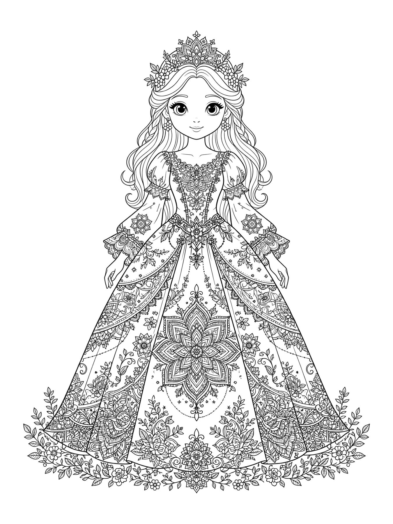 Desenho de princesa com vestido detalhado para colorir para colorir