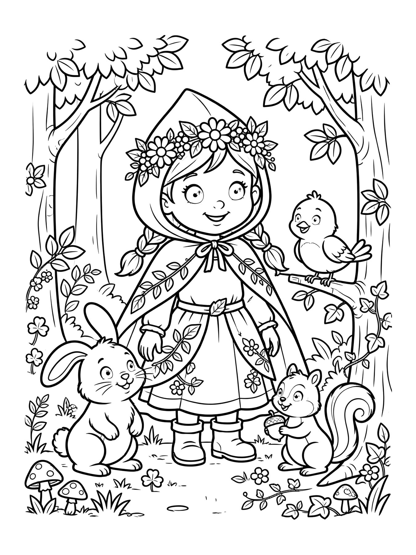 Desenho de princesa da floresta com animais para colorir