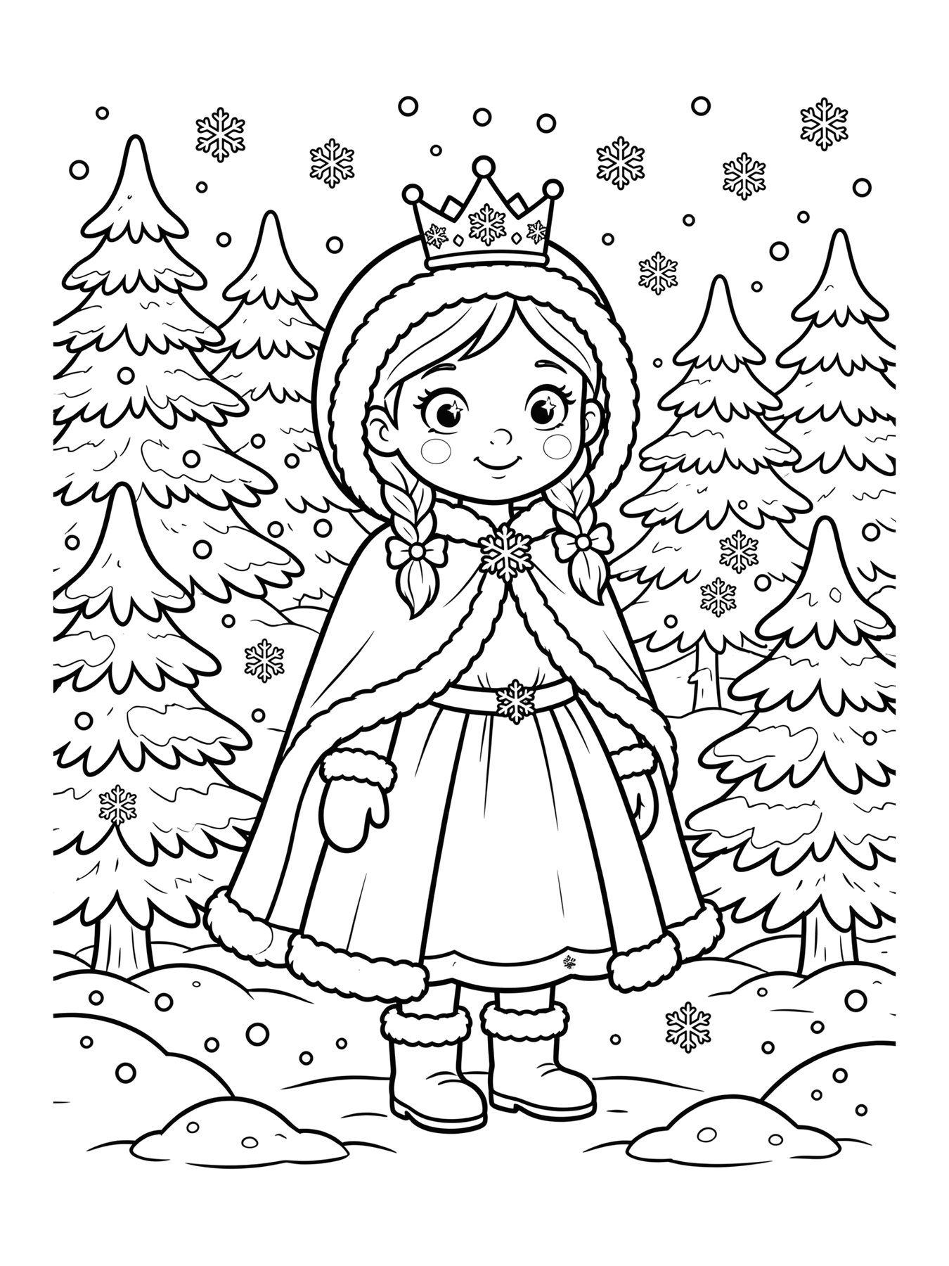 Desenho de princesa de inverno com capa para colorir