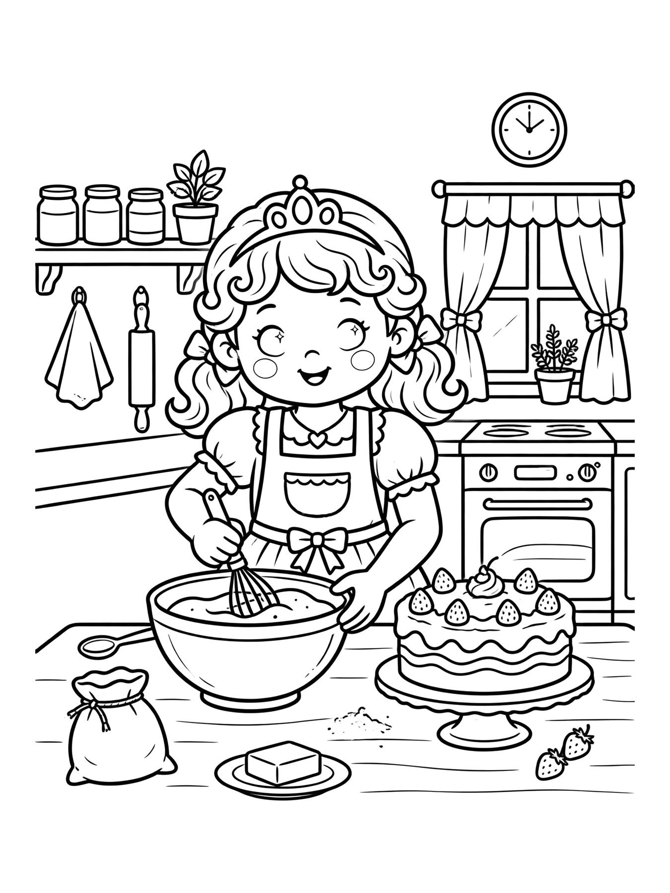 Desenho de princesa fazendo bolo para colorir