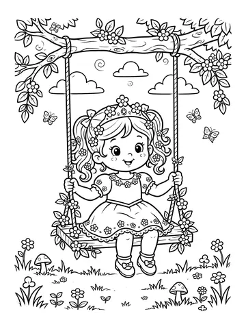 Desenho de princesa no balanço de flores para colorir