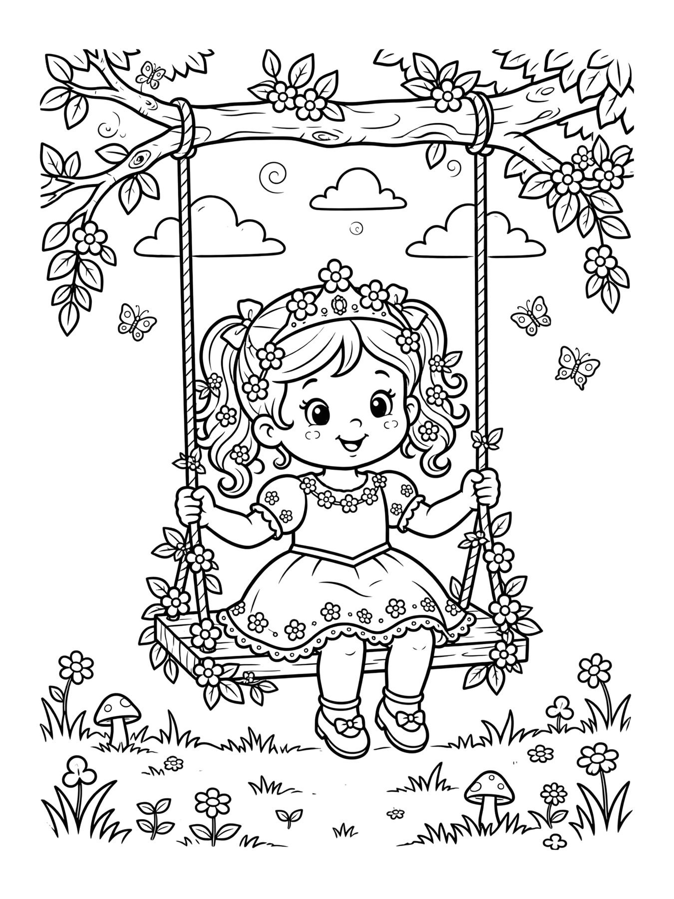 Desenho de princesa no balanço de flores para colorir