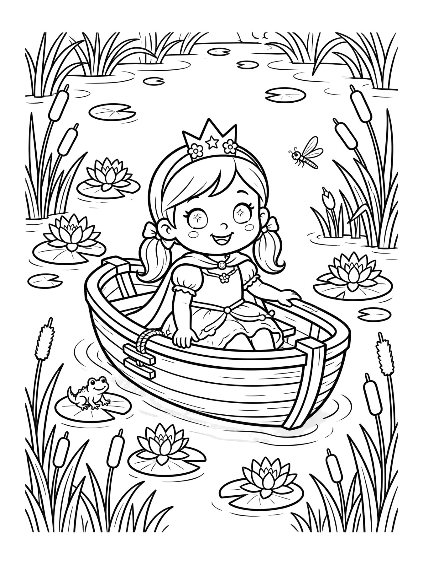 Desenho de princesa no barco no lago para colorir