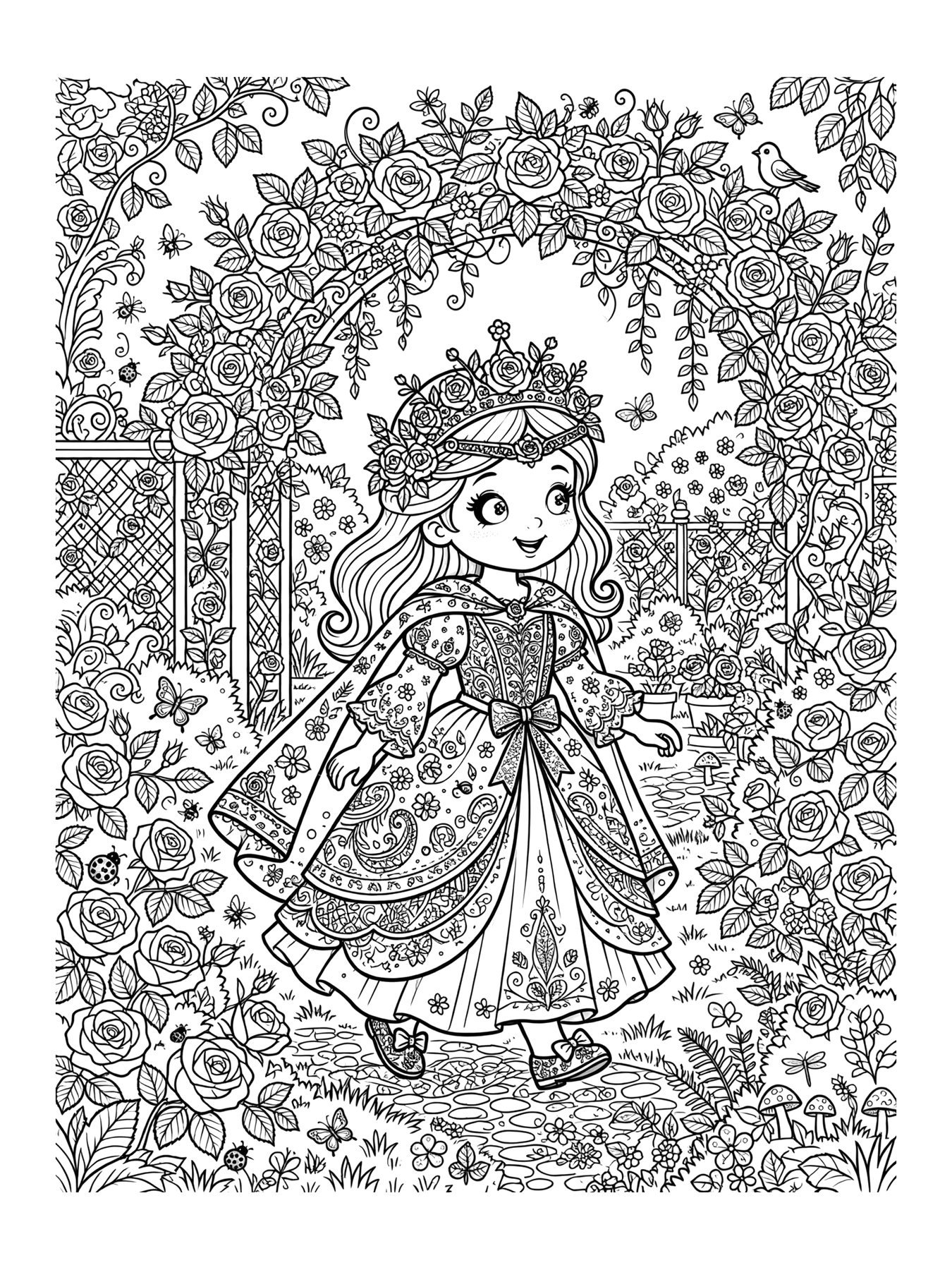 Desenho de princesa no jardim de rosas para colorir