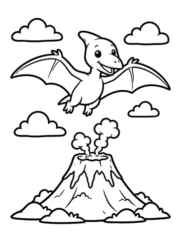 Desenho de pterodáctilo voando sobre o vulcão para colorir