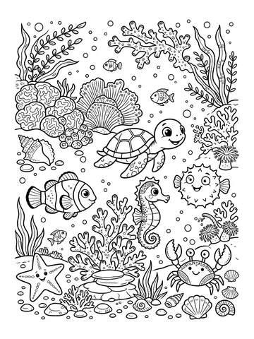 Desenho de recife de corais com peixes para colorir