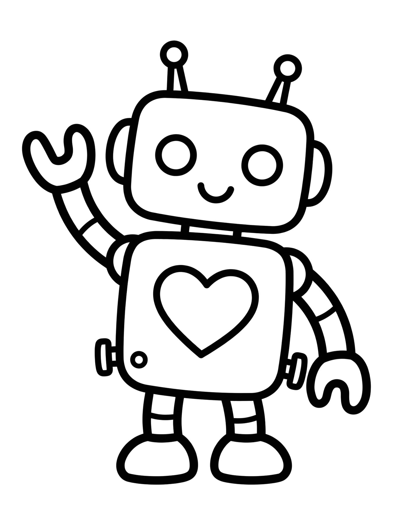 Desenho de robô acenando com coração no peito para colorir