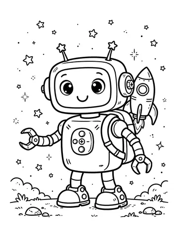 Desenho de robô com foguete nas costas para colorir