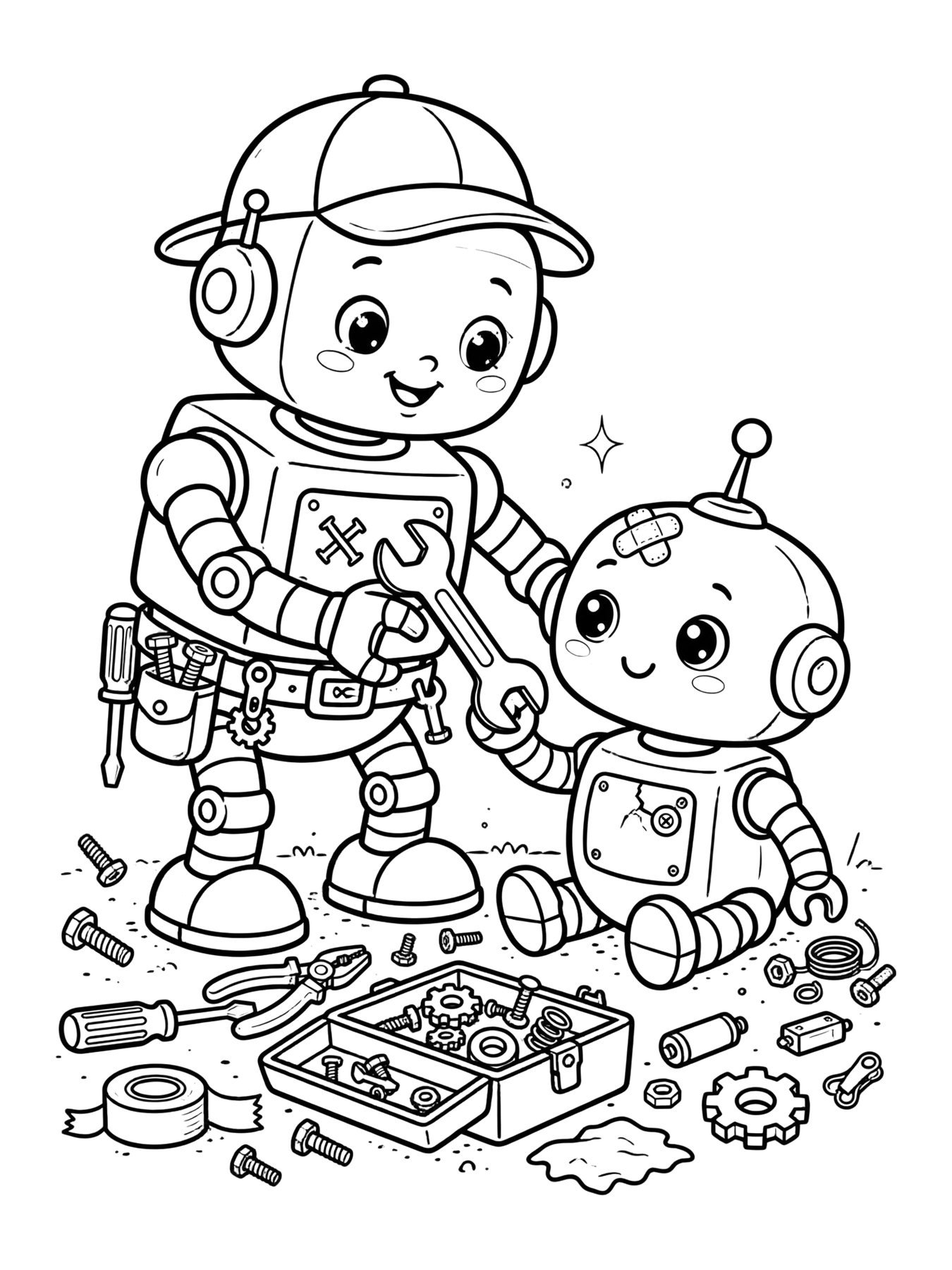 Desenho de robô consertando outro robô com chave para colorir
