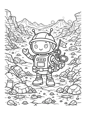 Desenho de robô explorador nas rochas de Marte para colorir