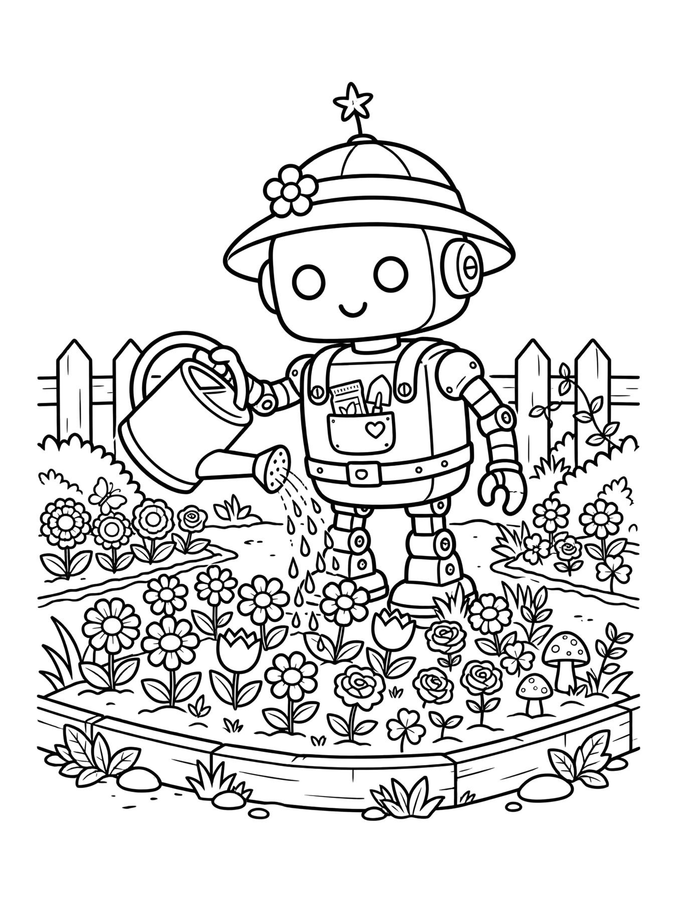 Desenho de robô jardineiro regando flores para colorir
