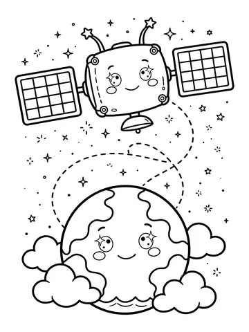 Desenho de satélite em órbita com painéis solares para colorir