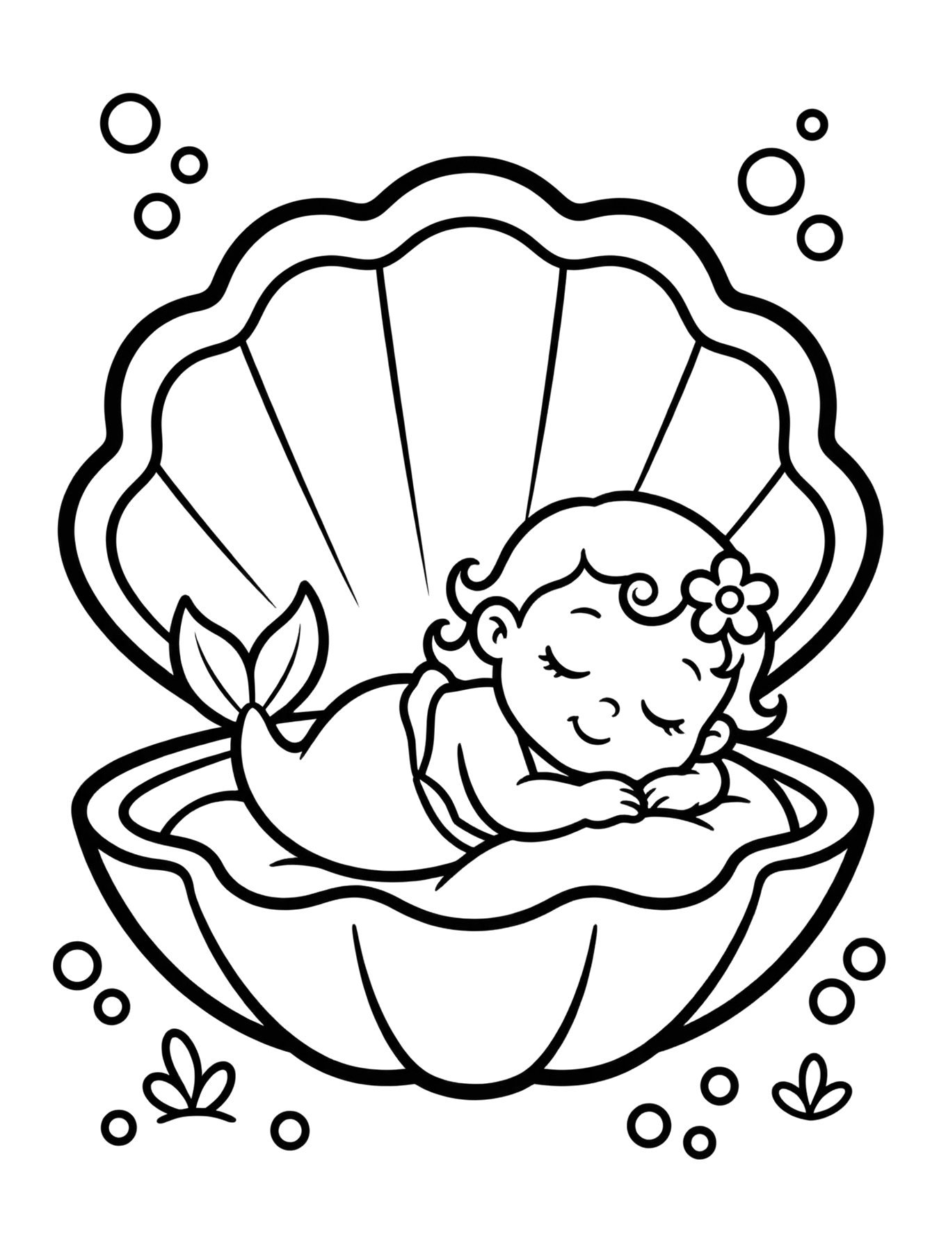 Desenho de sereia bebê dormindo na concha para colorir