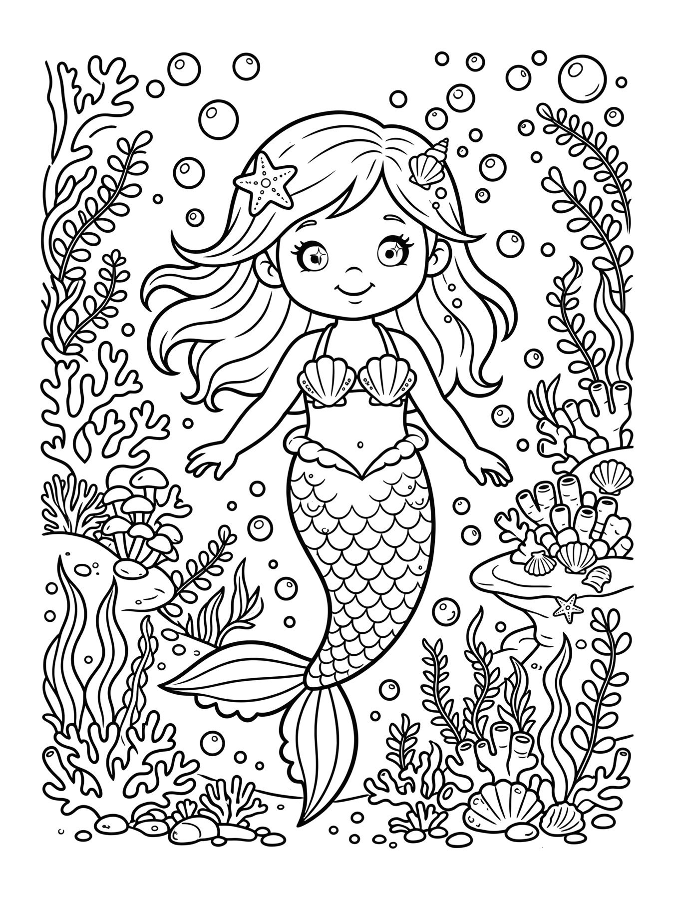 Desenho de sereia com bolhas e corais para colorir