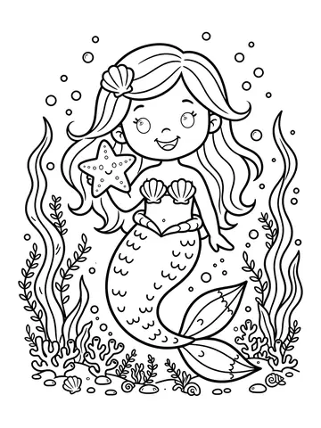 Desenho de sereia com estrela do mar para colorir