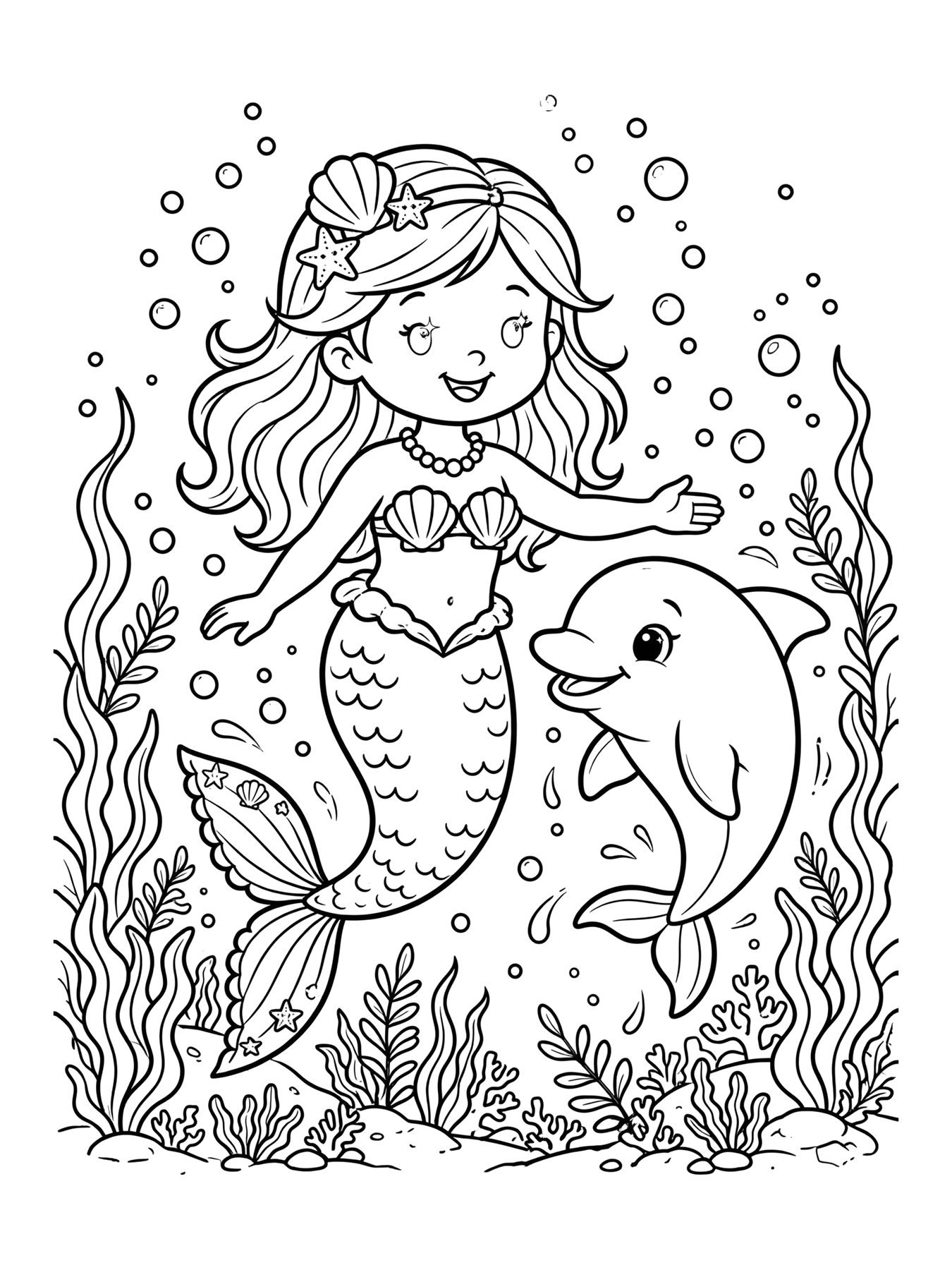 Desenho de sereia com golfinho para colorir