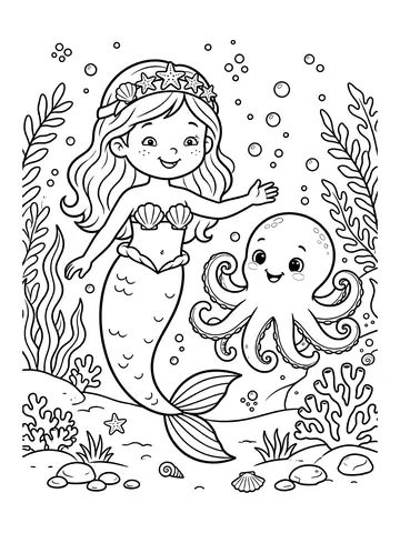 Desenho de sereia com polvo amigo para colorir