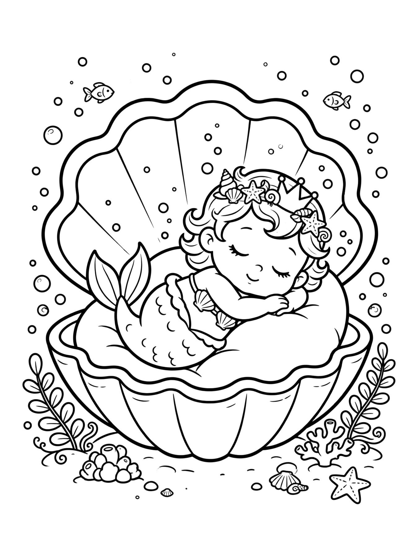 Desenho de sereia dormindo em uma concha para colorir