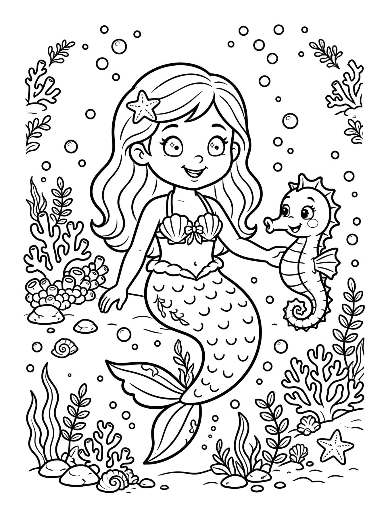 Desenho de sereia e cavalo marinho para colorir