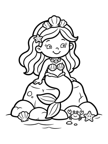 Desenho de sereia fofa sentada na pedra para colorir