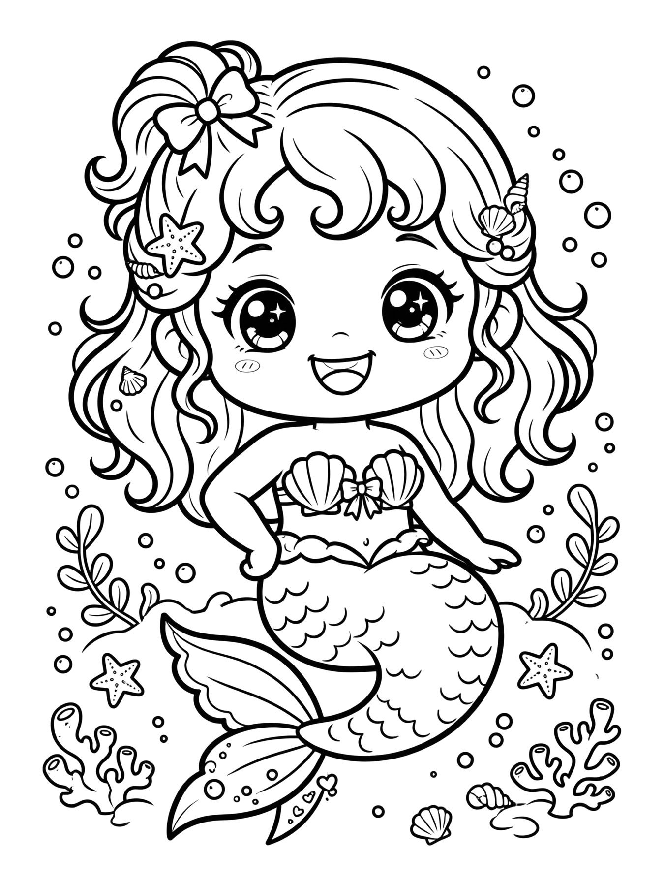 Desenho de sereia kawaii para colorir