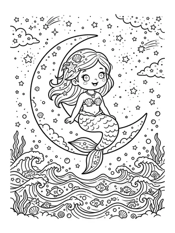 Desenho de sereia na lua sobre o mar para colorir