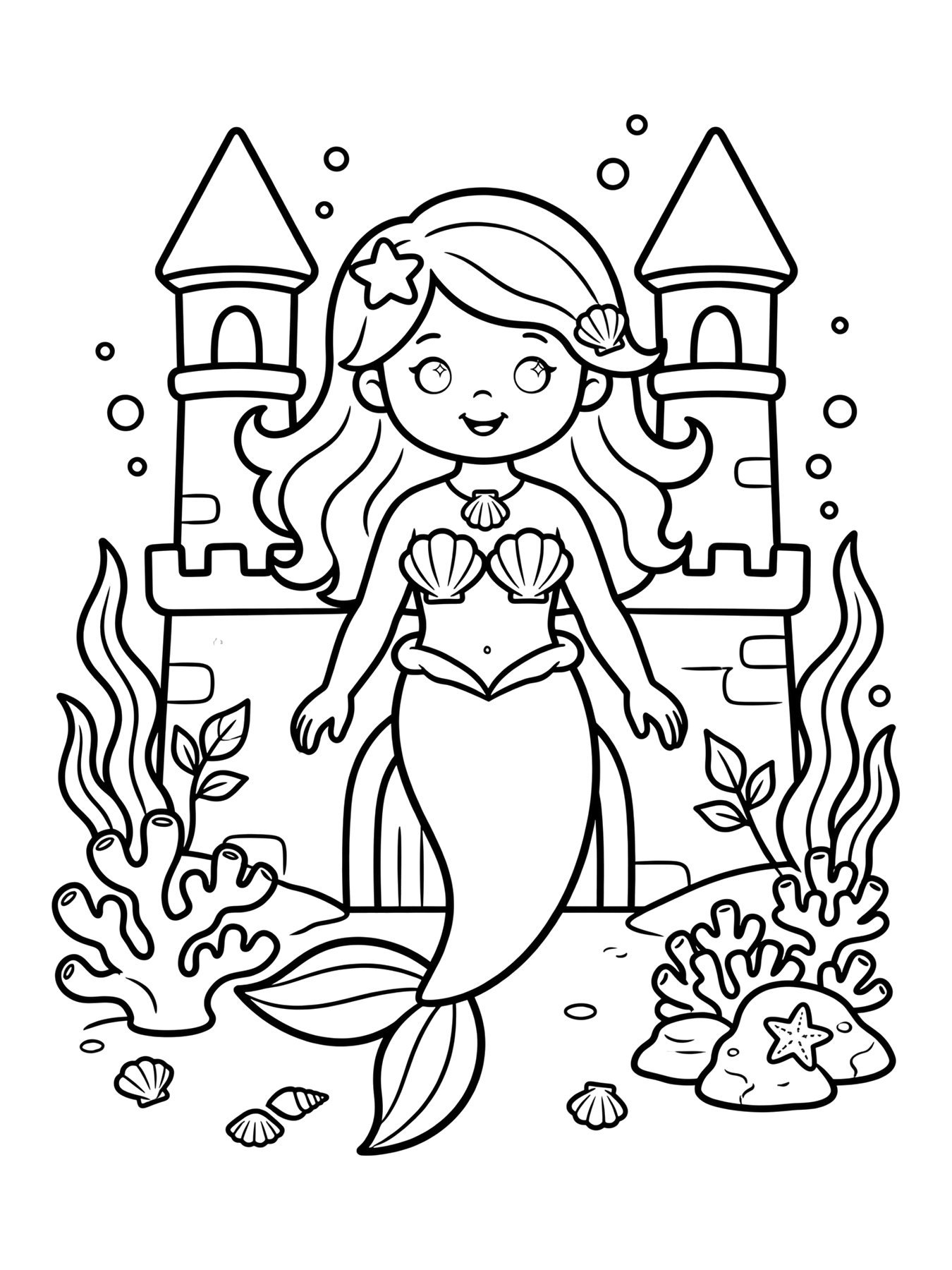 Desenho de sereia no castelo do fundo do mar para colorir
