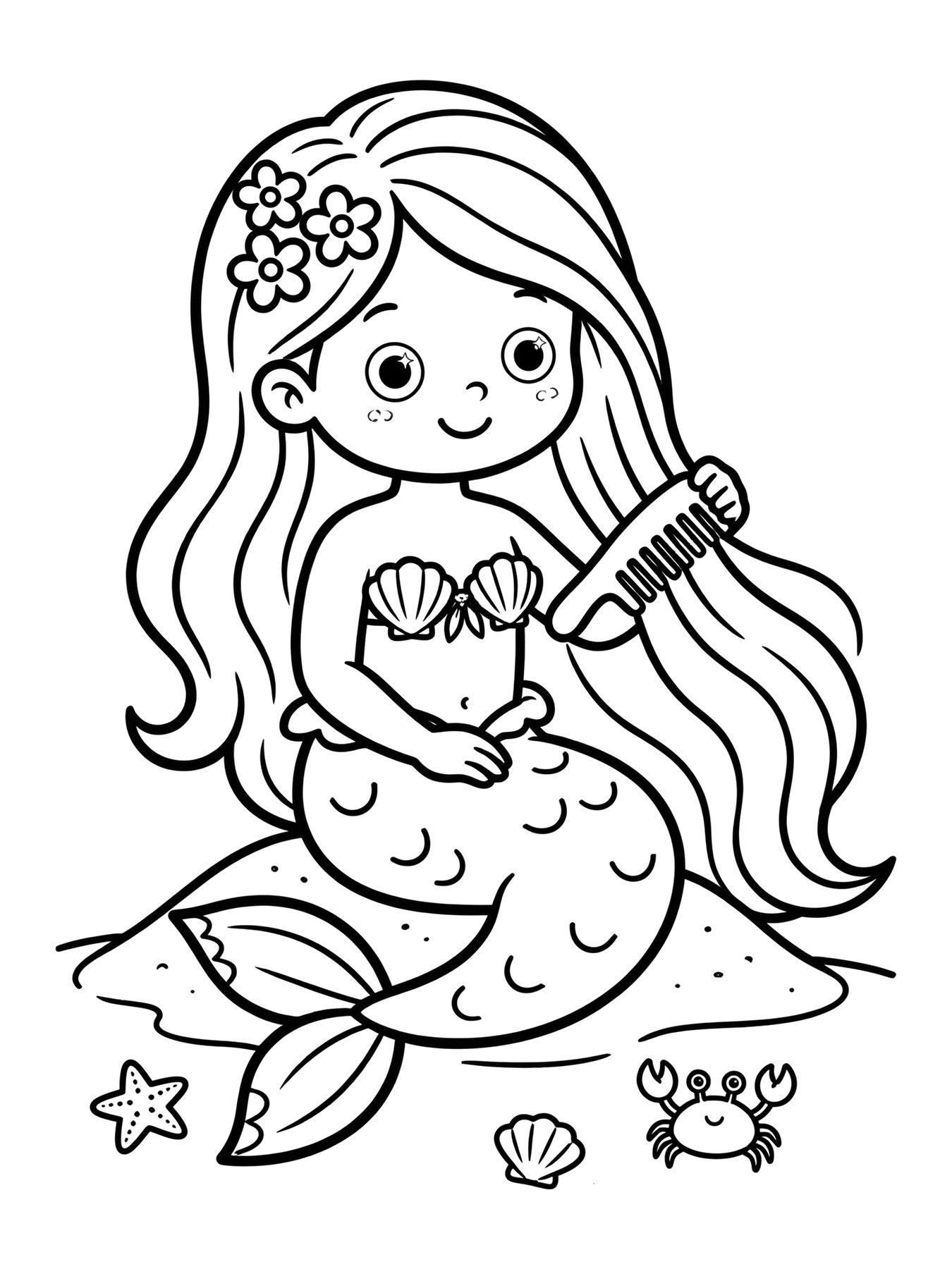 Desenho de sereia penteando o cabelo para colorir