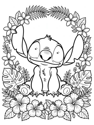 Desenho de Stitch com flores para colorir