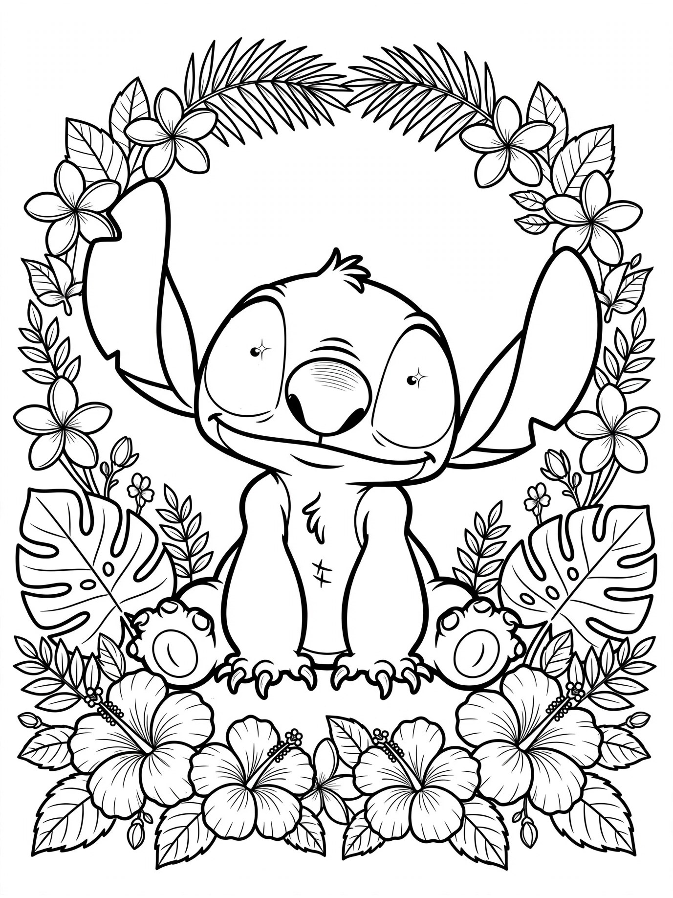 Desenho de Stitch com flores para colorir