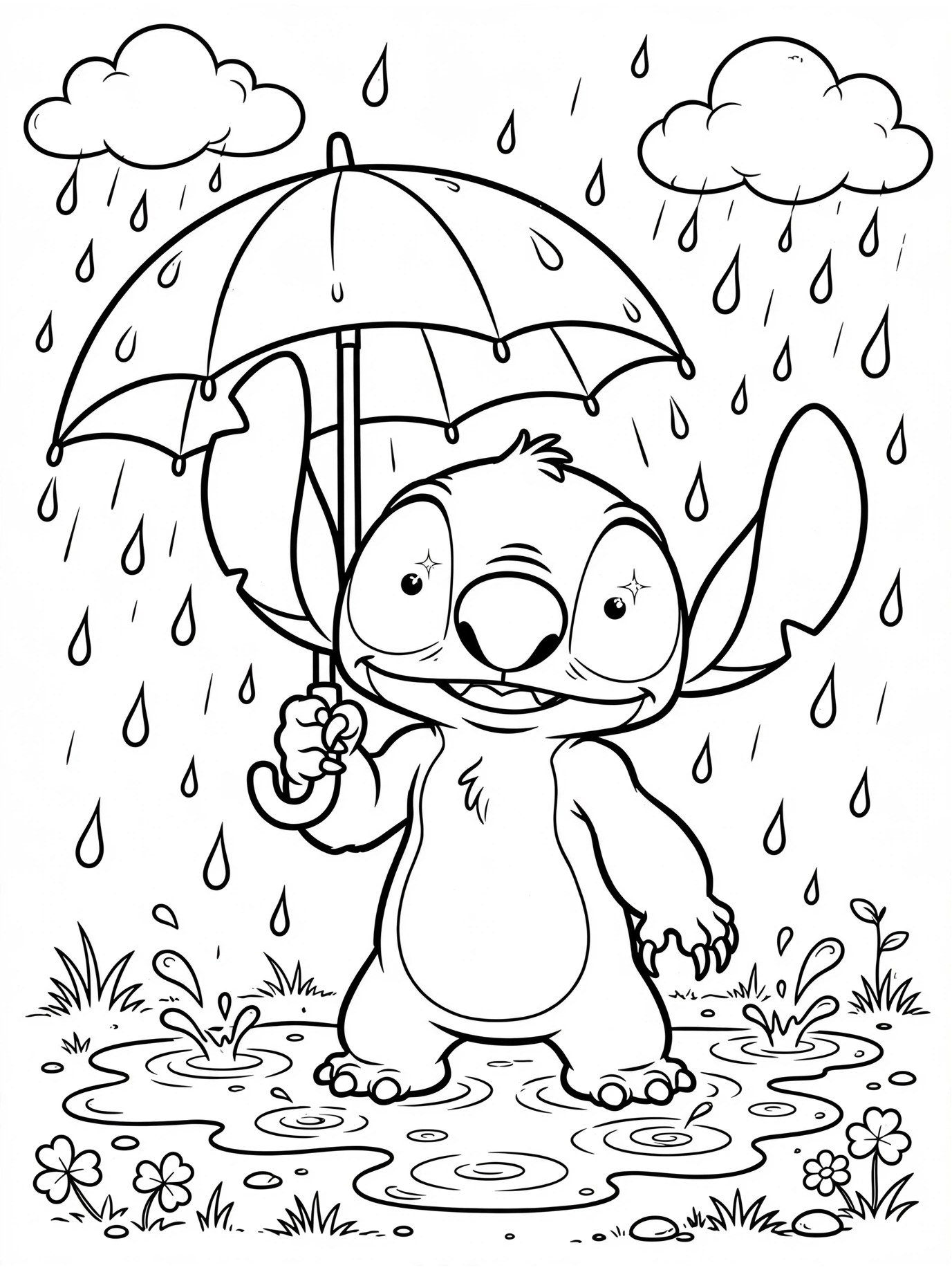 Desenho de Stitch na chuva para colorir