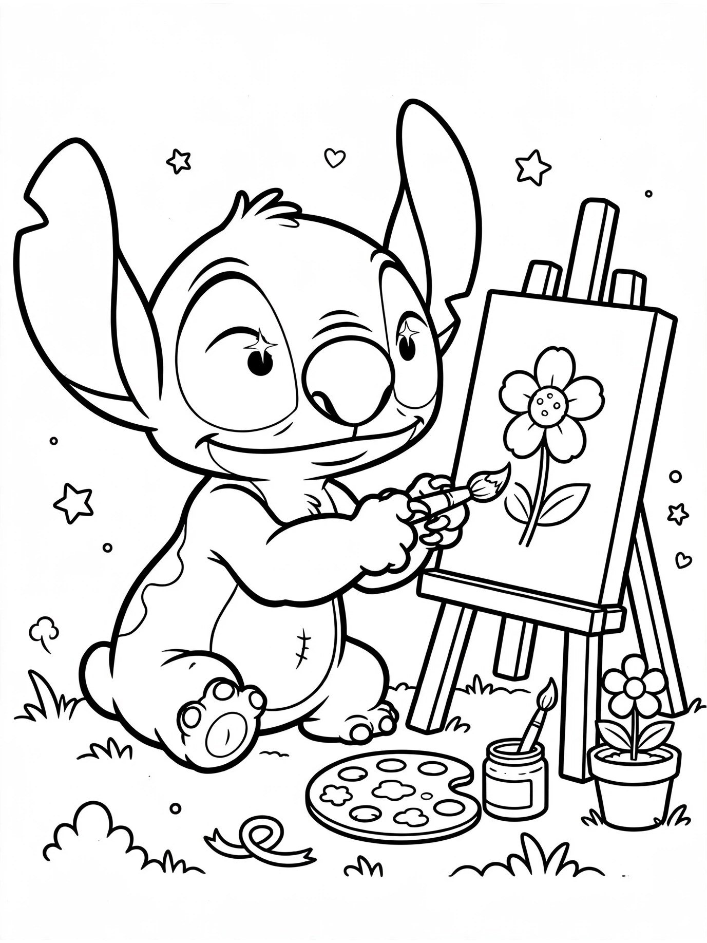 Desenho de Stitch pintando para colorir