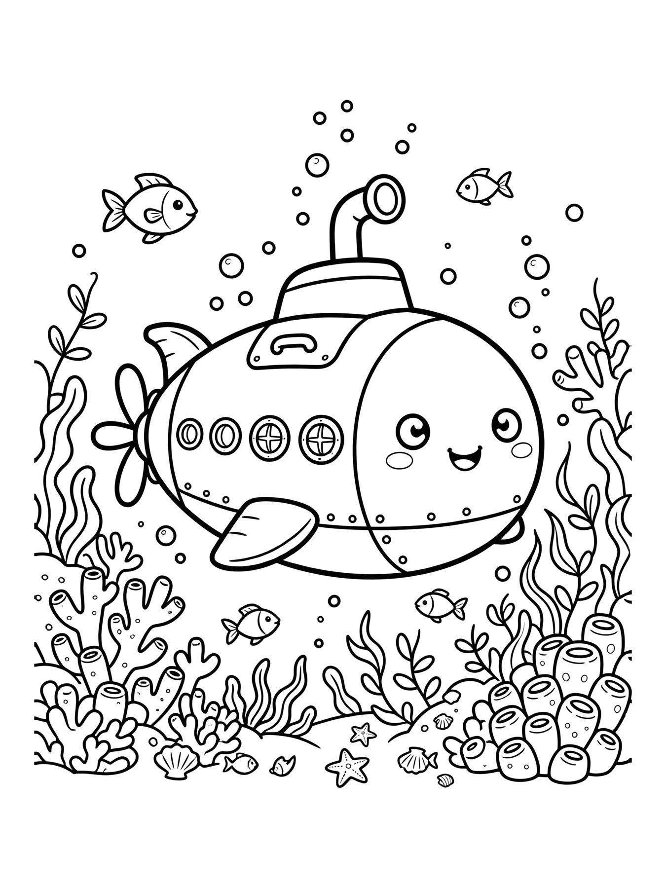 Desenho de submarino no fundo do mar para colorir