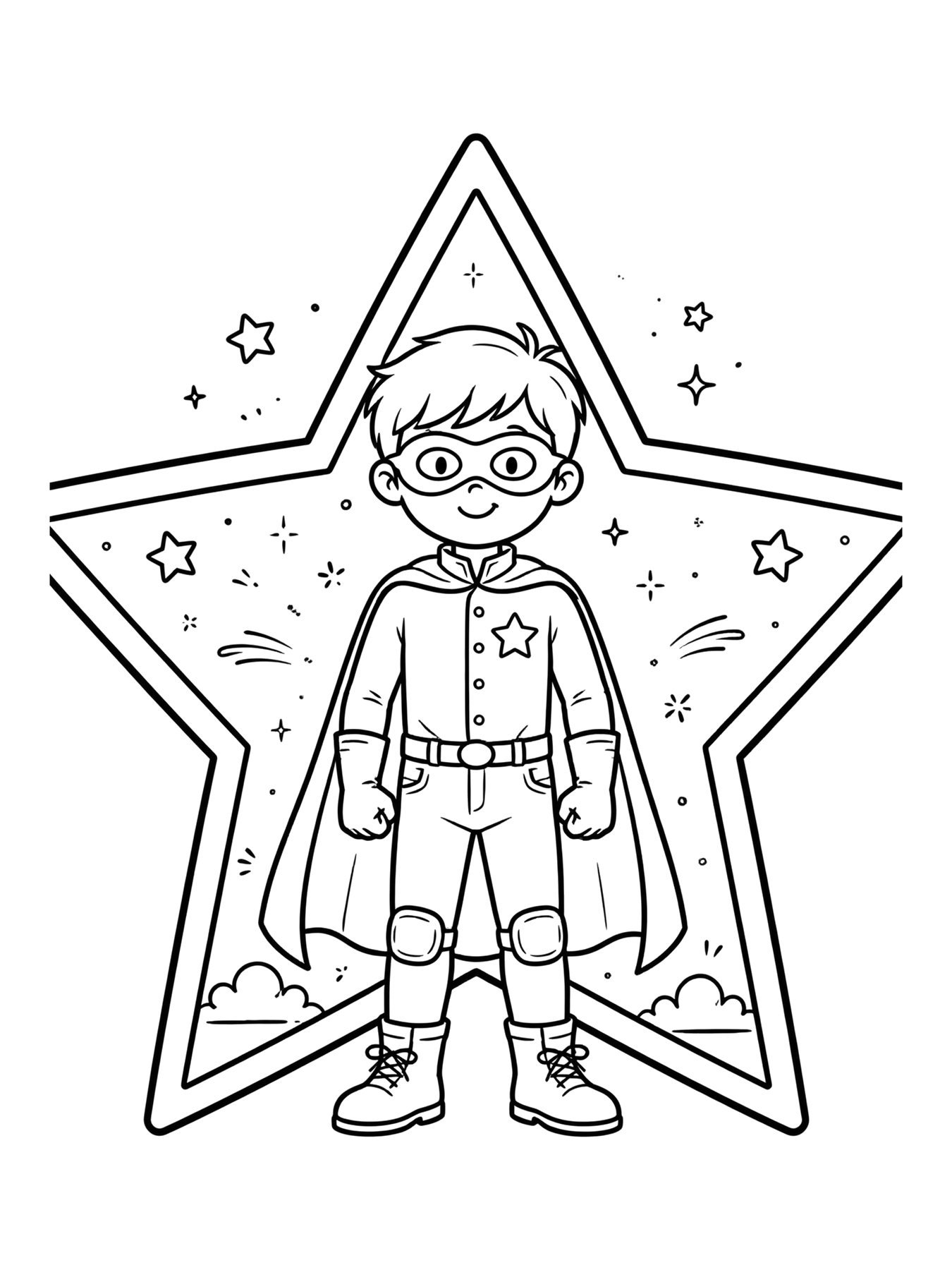 Desenho de super-herói original dentro de uma estrela gigante para colorir