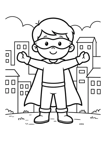 Desenho de super-herói original menino com capa e máscara voando sobre a cidade para colorir