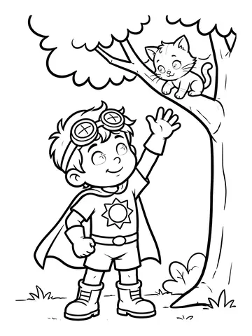 Desenho de super Zé salvando um gatinho na árvore para colorir