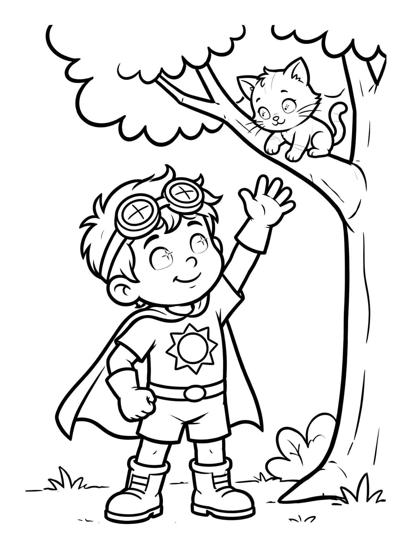 Desenho de super Zé salvando um gatinho na árvore para colorir
