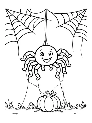Desenho de teia de aranha com aranha sorridente para colorir