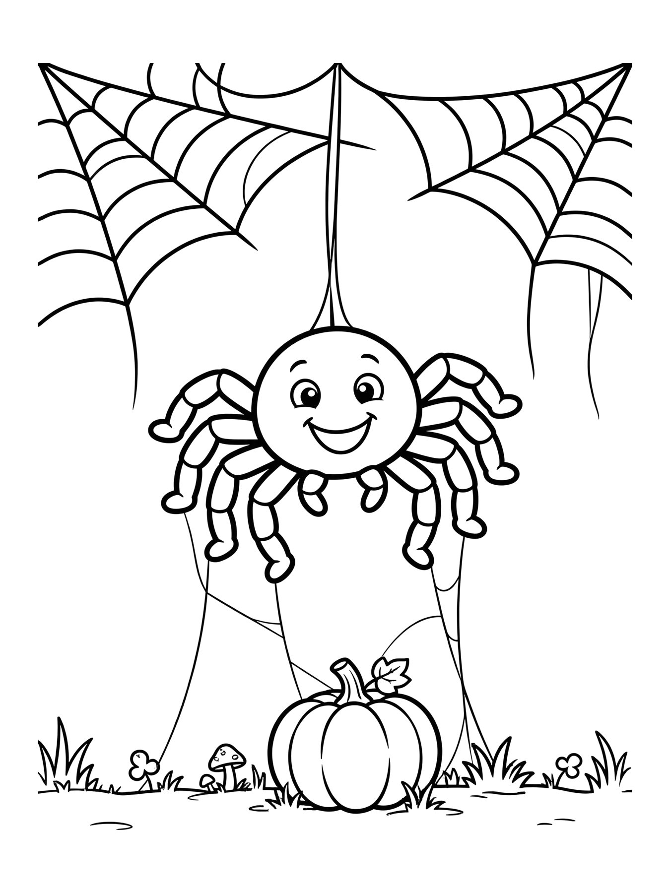 Desenho de teia de aranha com aranha sorridente para colorir