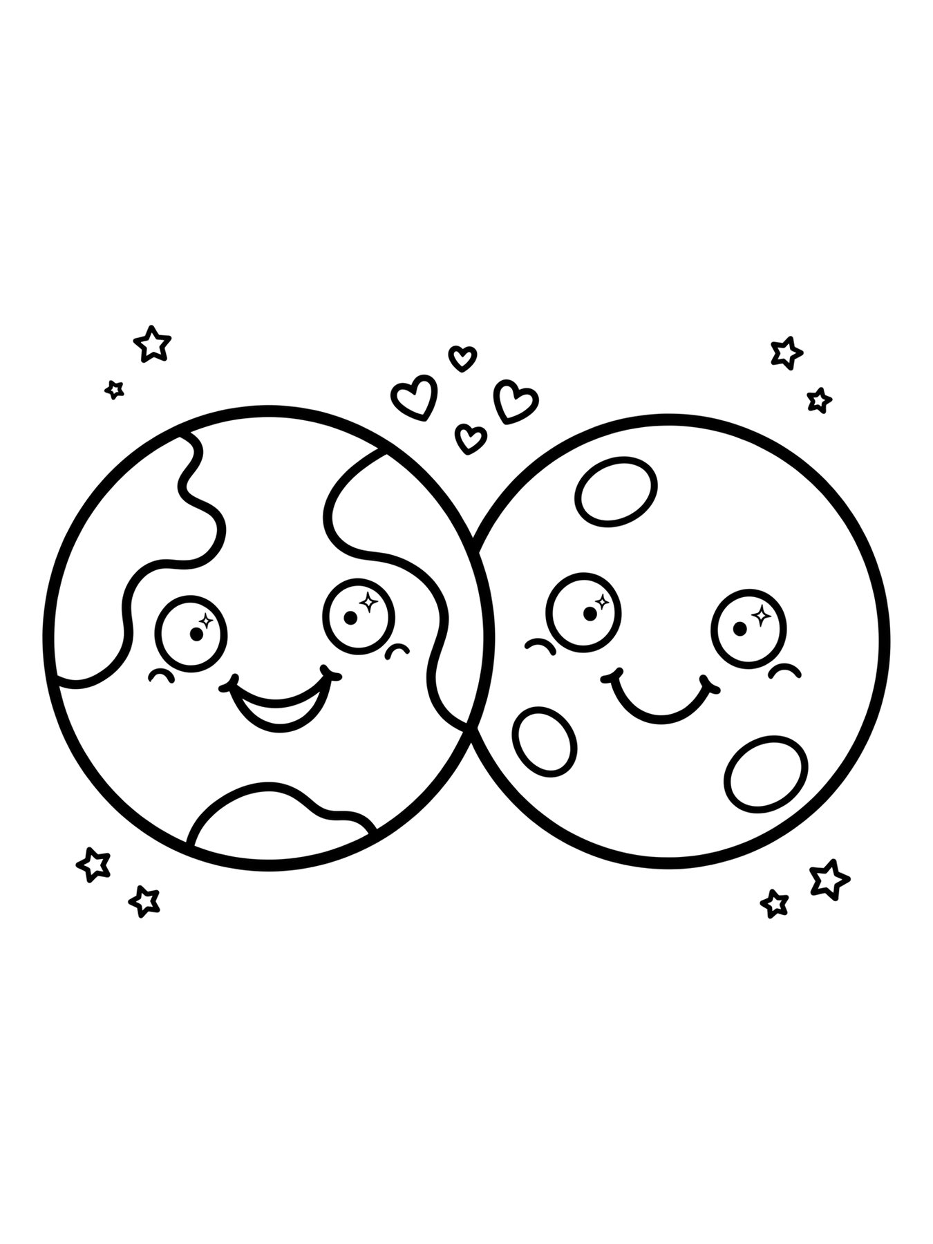 Desenho de terra e Lua lado a lado sorrindo para colorir