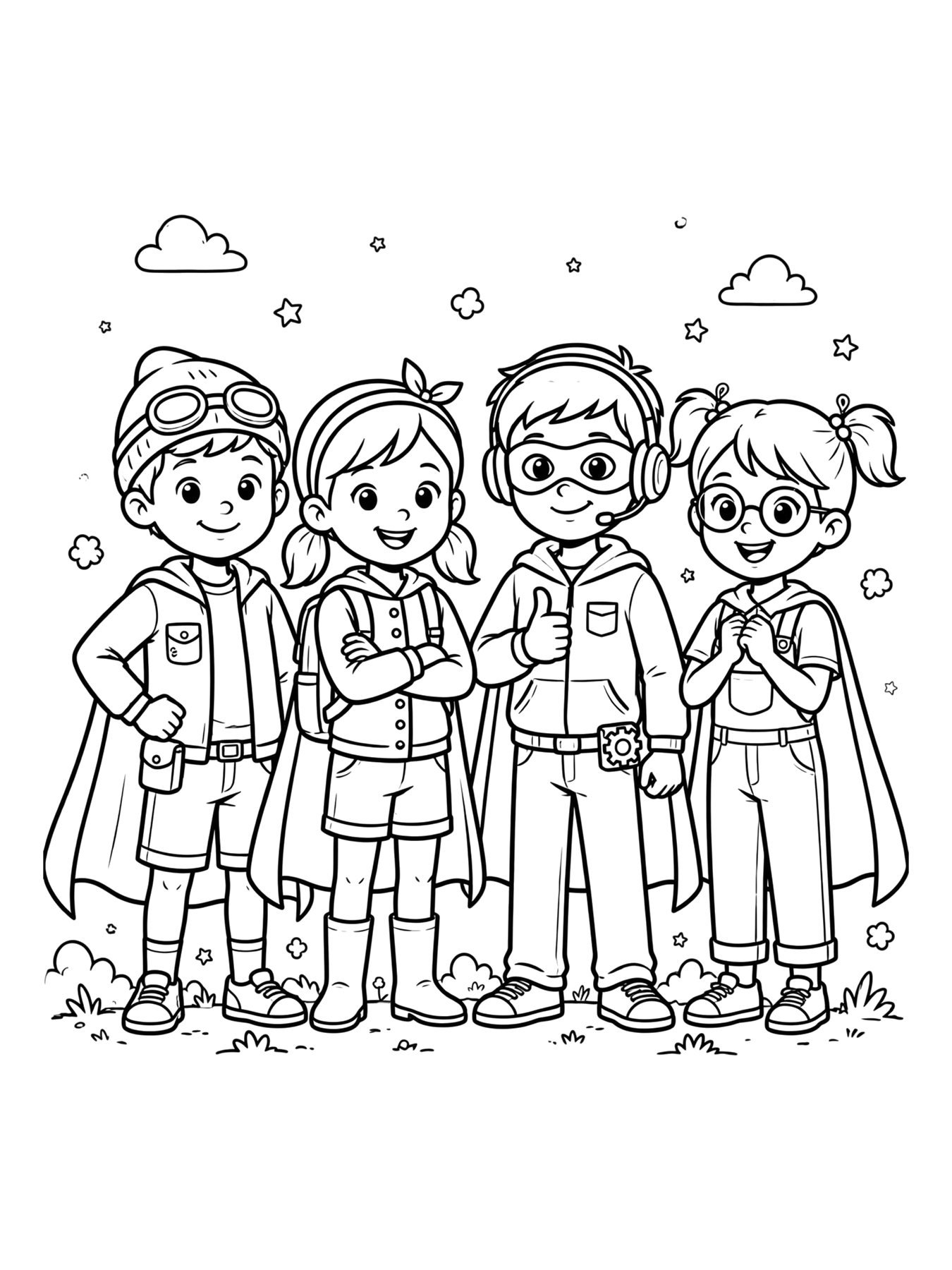 Desenho de time de quatro heróis originais crianças para colorir
